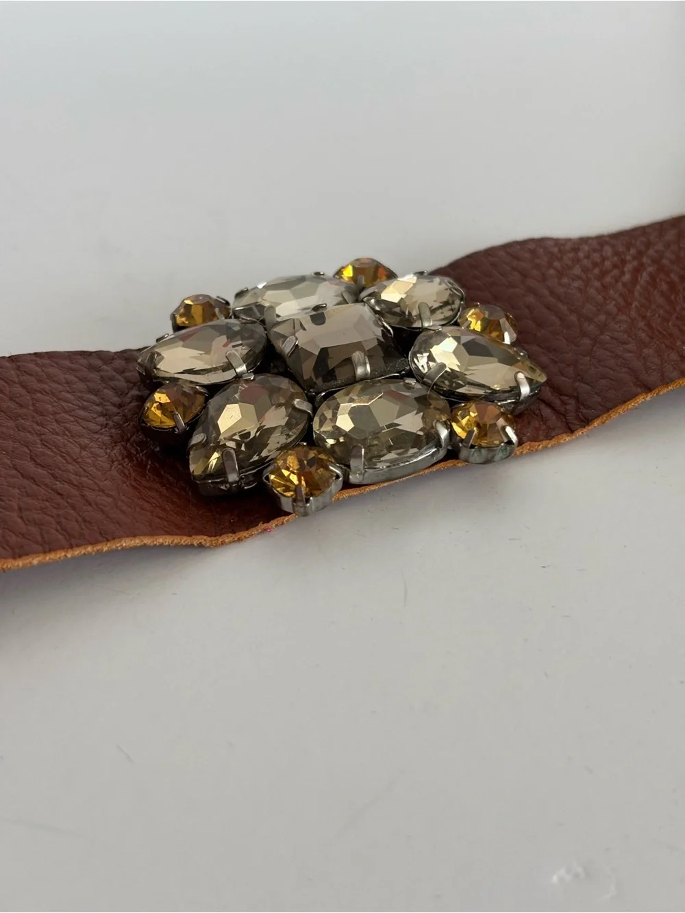 Statement Rhinestone Leather Cuff Bracelet Champagne Crystal Wide Cuff